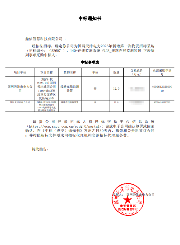 2026年03月14日 成功中標(biāo)為國(guó)網(wǎng)天津市電力公司采購(gòu)項(xiàng)目 線路在線監(jiān)測(cè)裝置